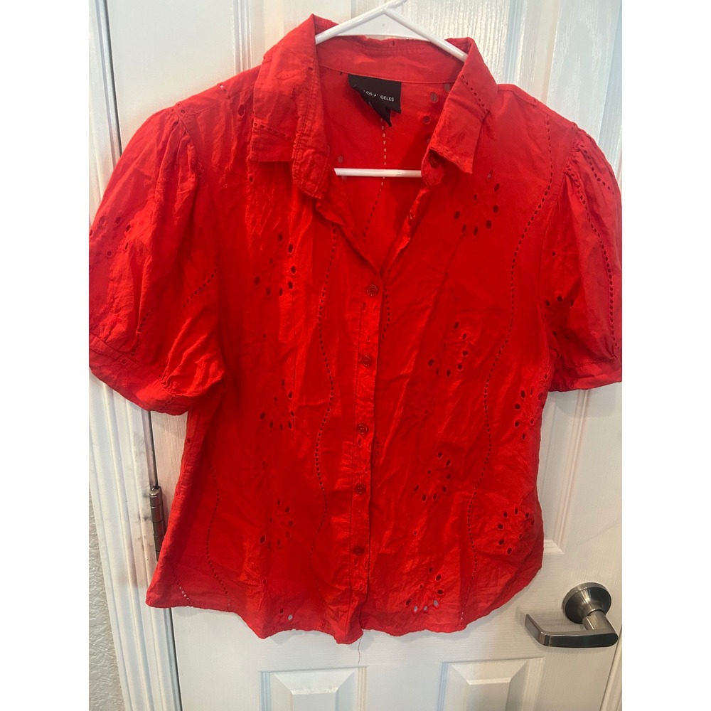 LIV LOS ANGELES Button Down Shirt Red Eyelet Puff Sleeve SB1298 Cotton Blouse